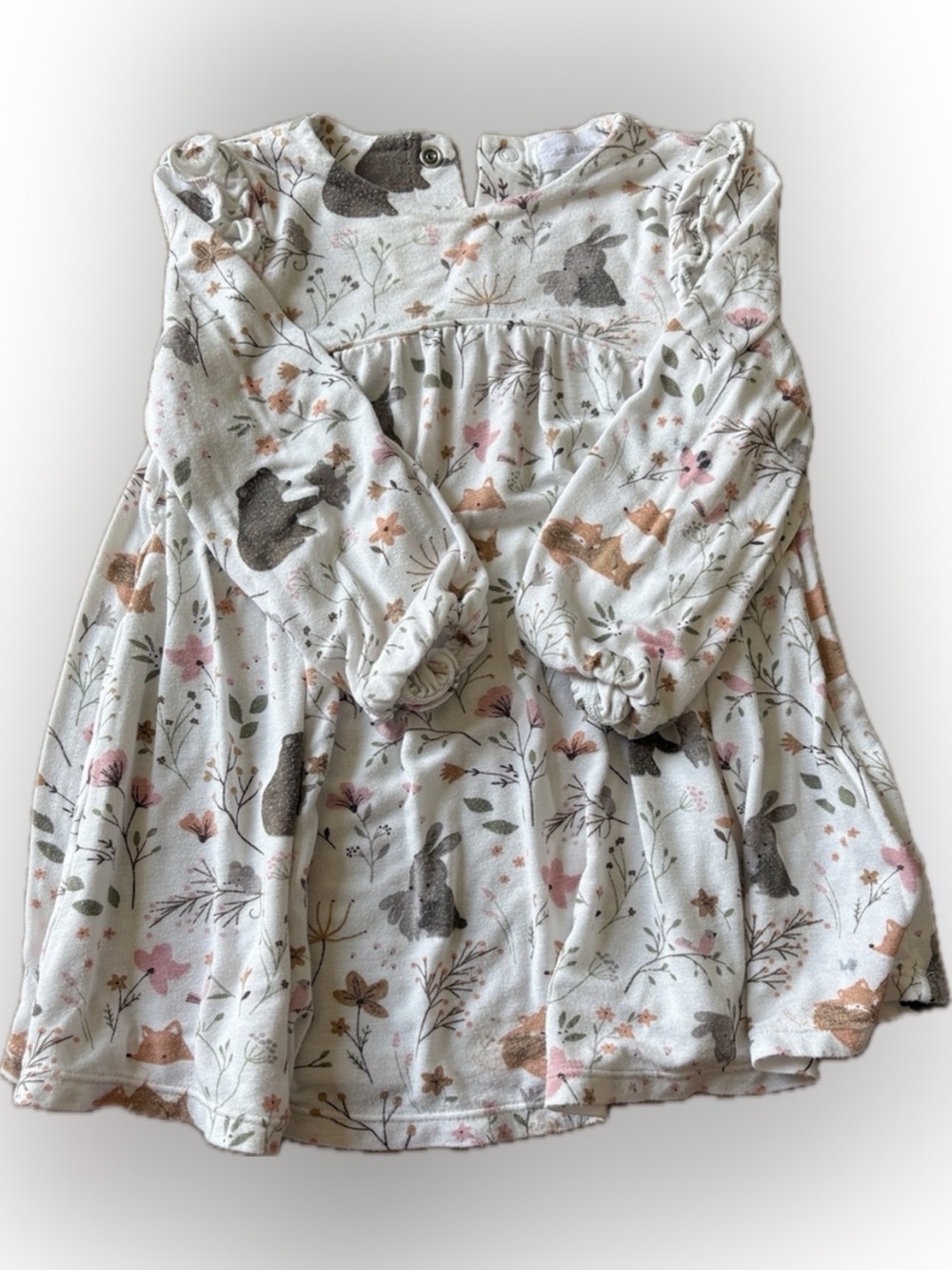 Angel Dear BabyWoodland Animal Long Sleeve Dress - White with Pink & Brown